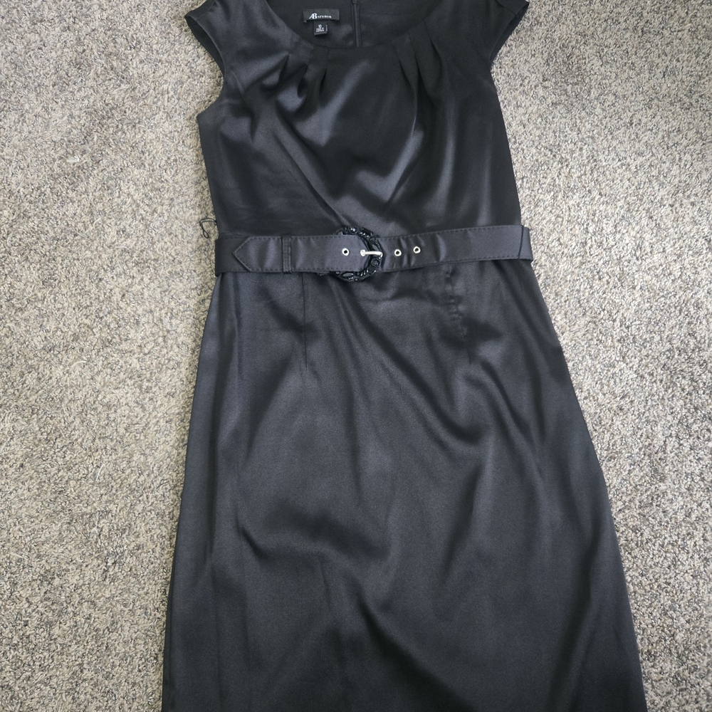 AB Studio Black Cap-Sleeve Midi Dress with Belt